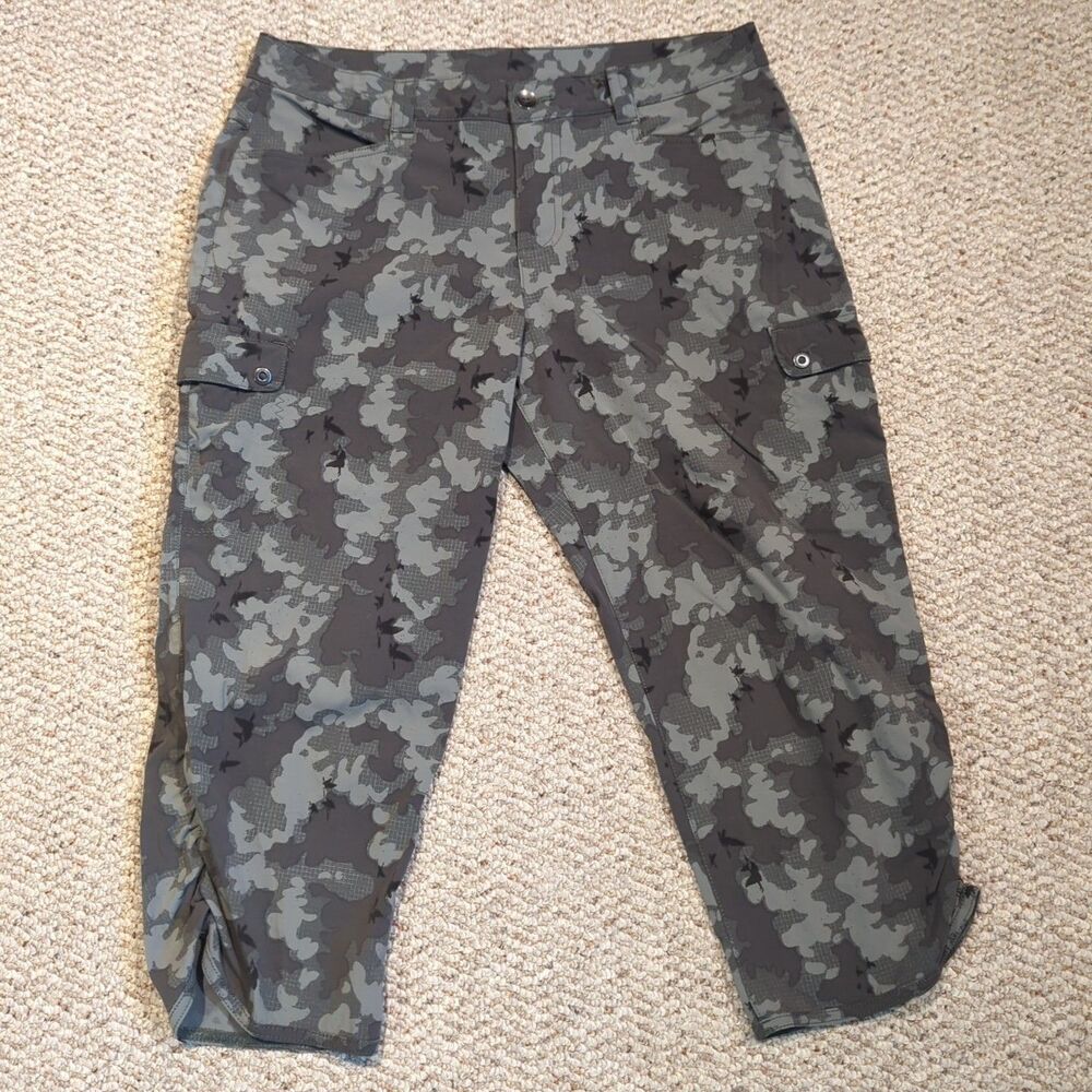 Eddie Bauer Travex Capri Pants Womens 10 Green Camo Ruched Lightweight Hiking